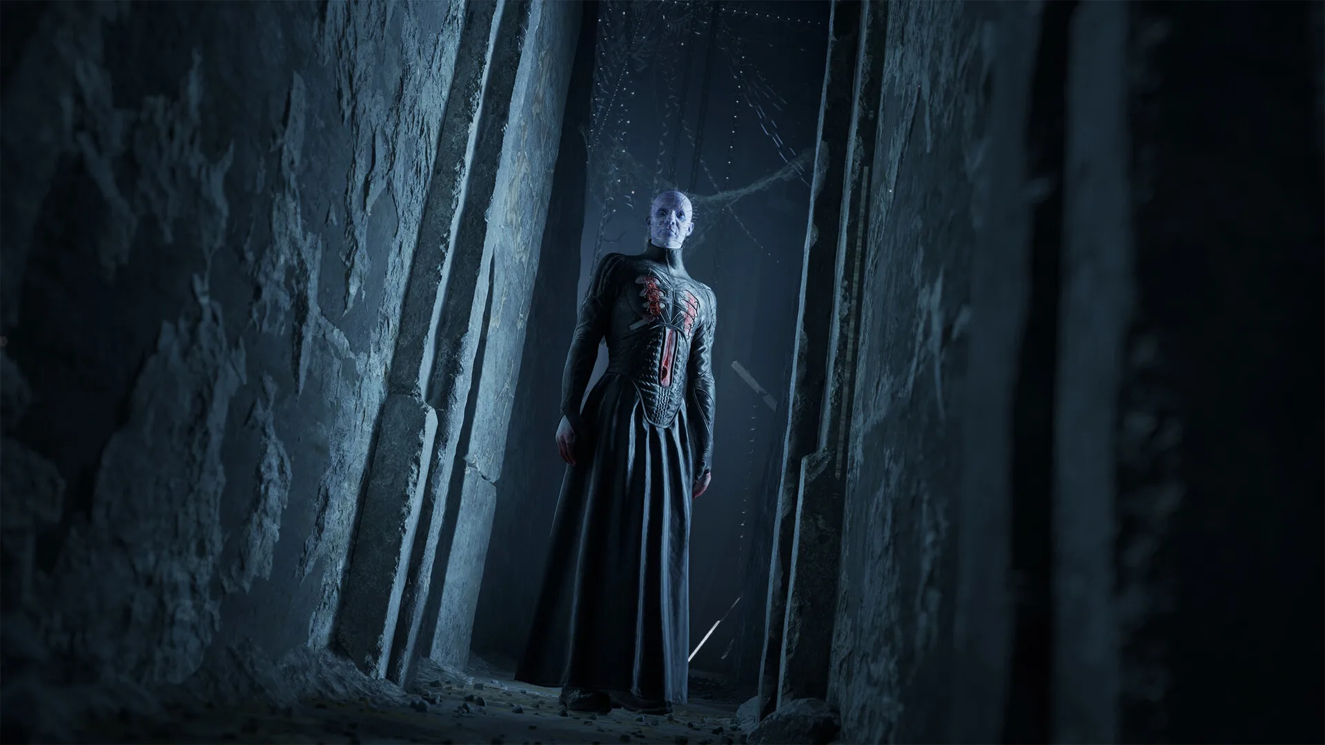 Steam screenshot of the Hell Priest standing between stone pillars in Hellraiser: Revival, 1920 by 1080, Steam app 1551980