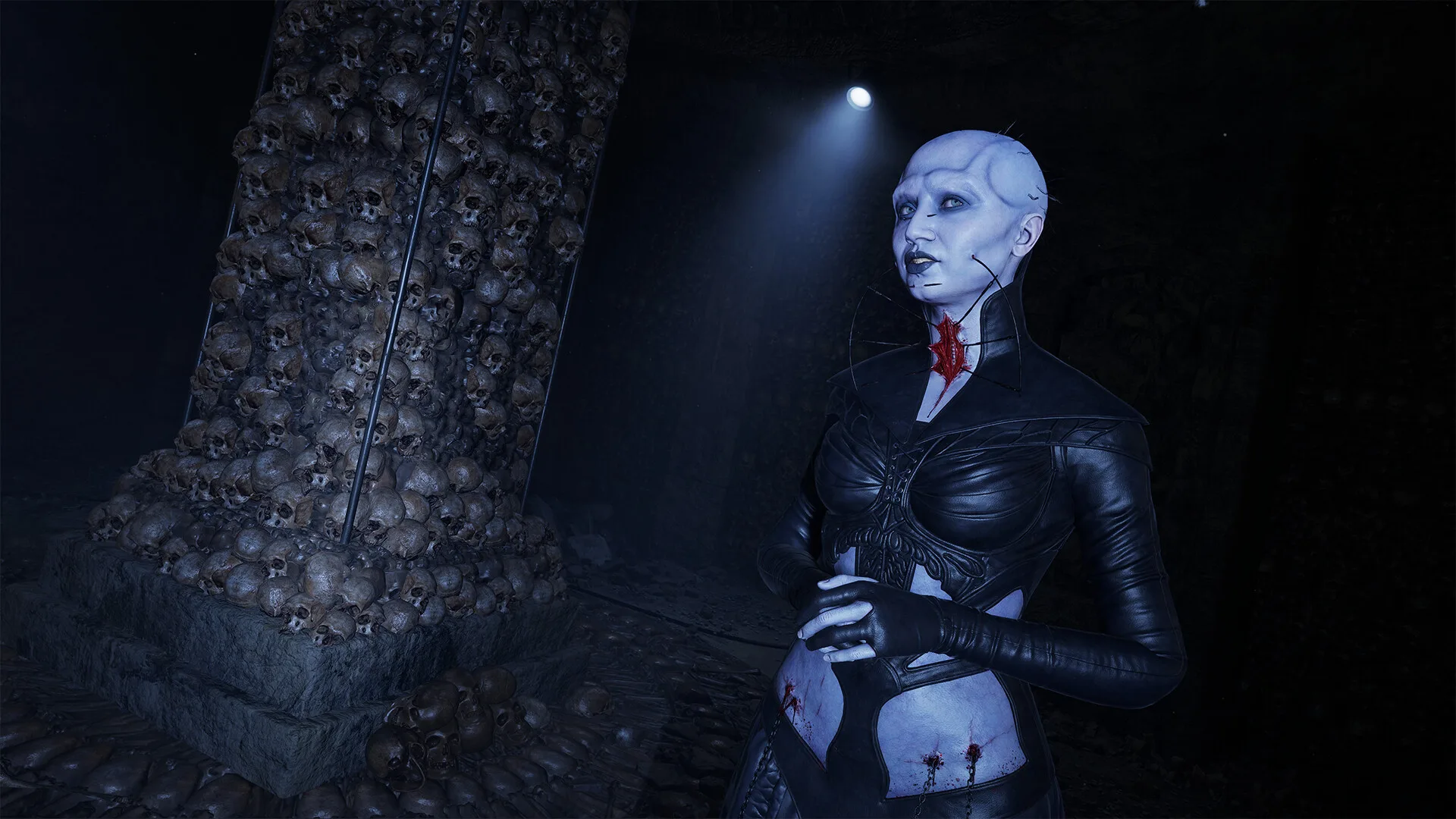 Steam screenshot of a pale character in black clothing beside a stone column in Hellraiser: Revival, 1920 by 1080, Steam app 1551980