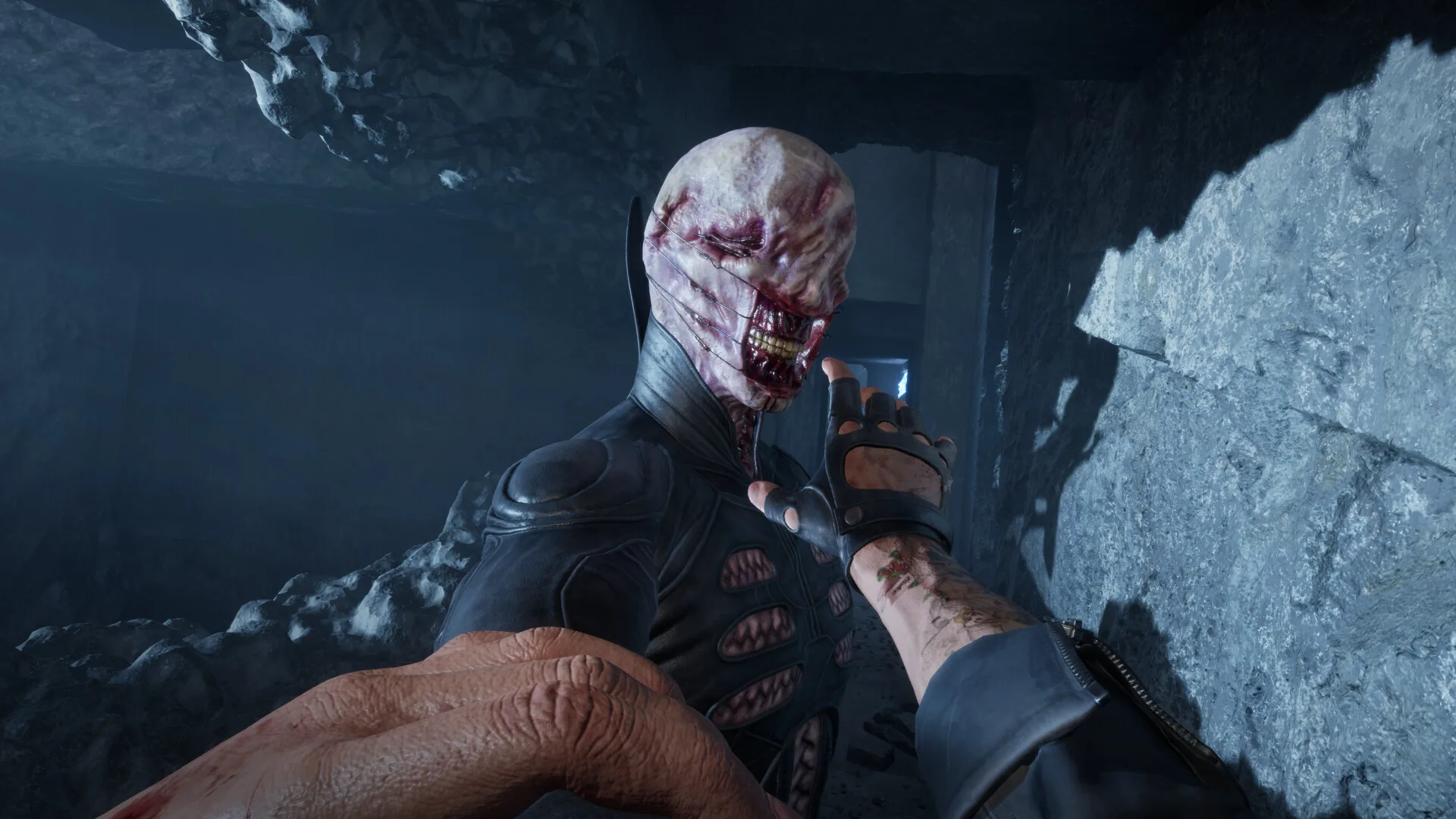 Steam screenshot of a pistol aimed at a nearby enemy in Hellraiser: Revival, 1920 by 1080, Steam app 1551980